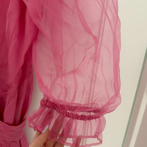 LoveShackFancy Stormi Maxi Dress Sz M Pink Silk Chiffon Wrap Style Tiered Skirt - Picture 5 of 12